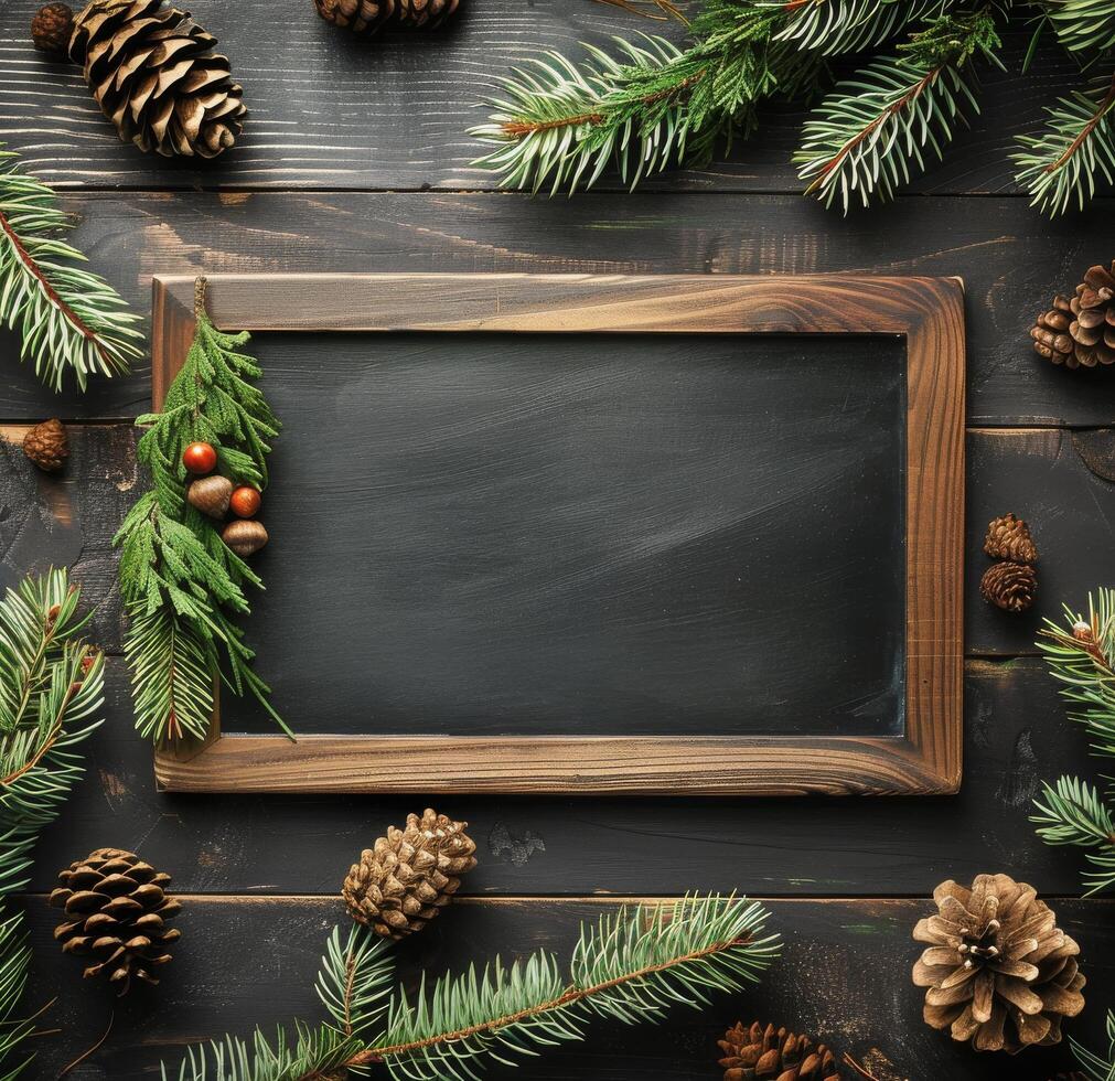 AI generated Chalkboard Surrounded by Pine Cones and Fir Branches photo