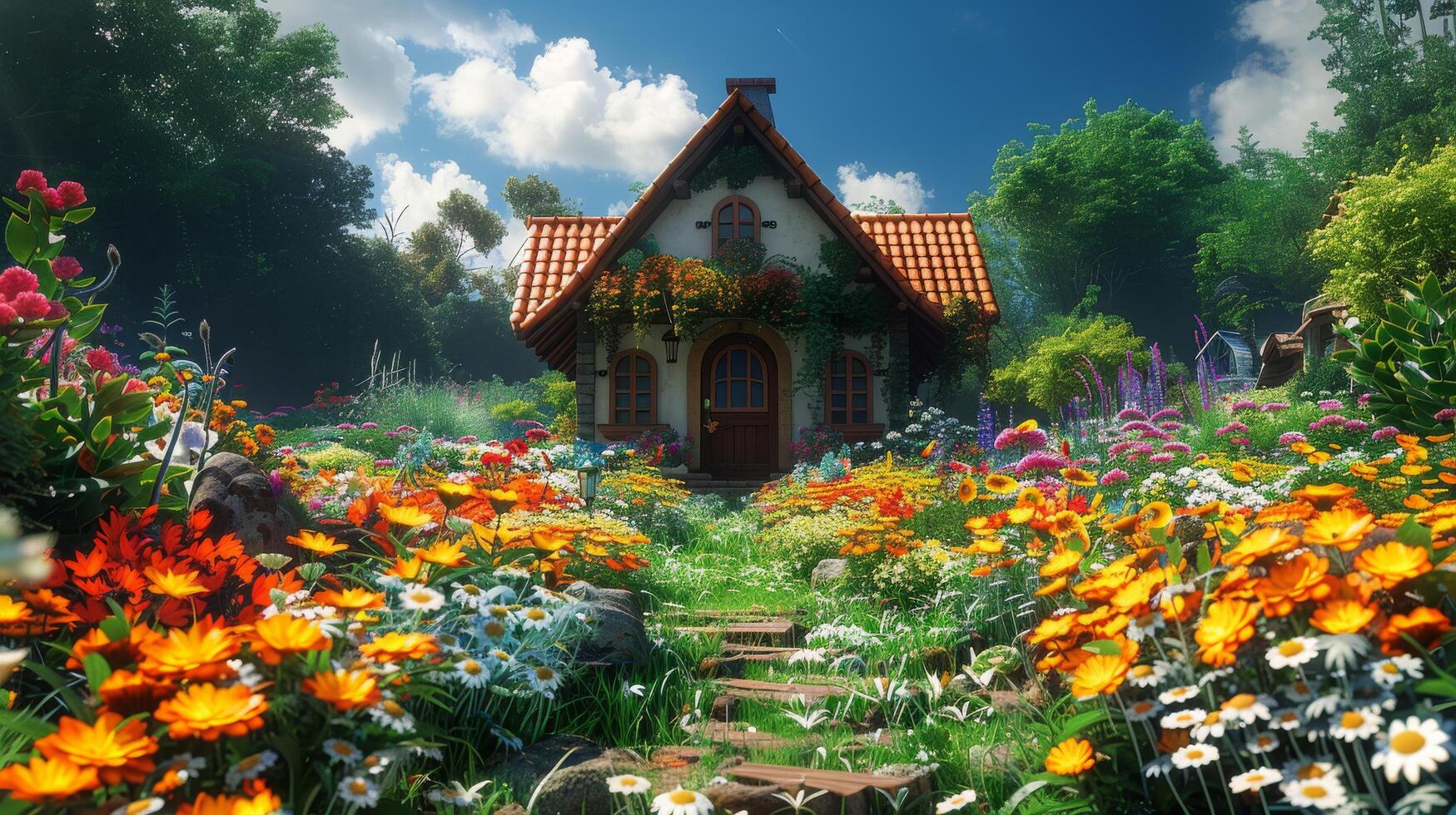 AI generated Blue House Surrounded by Colorful Flowers and Greenery photo