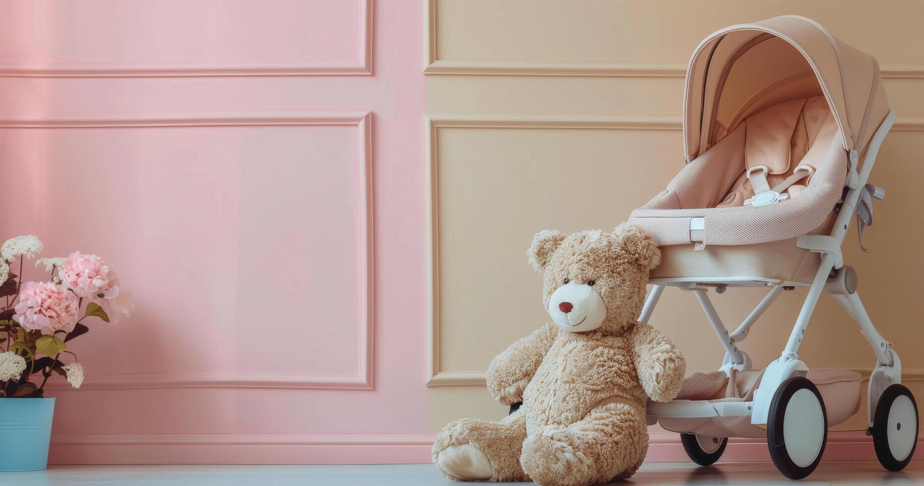 AI generated Bear Sitting Next to Baby Carriage photo