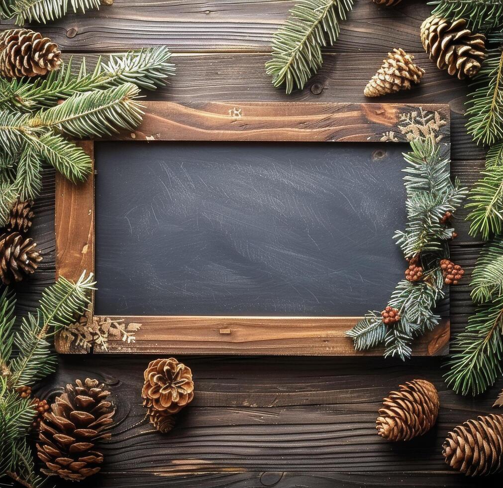 AI generated Pine Cones and Fir Branches With Chalkboard photo