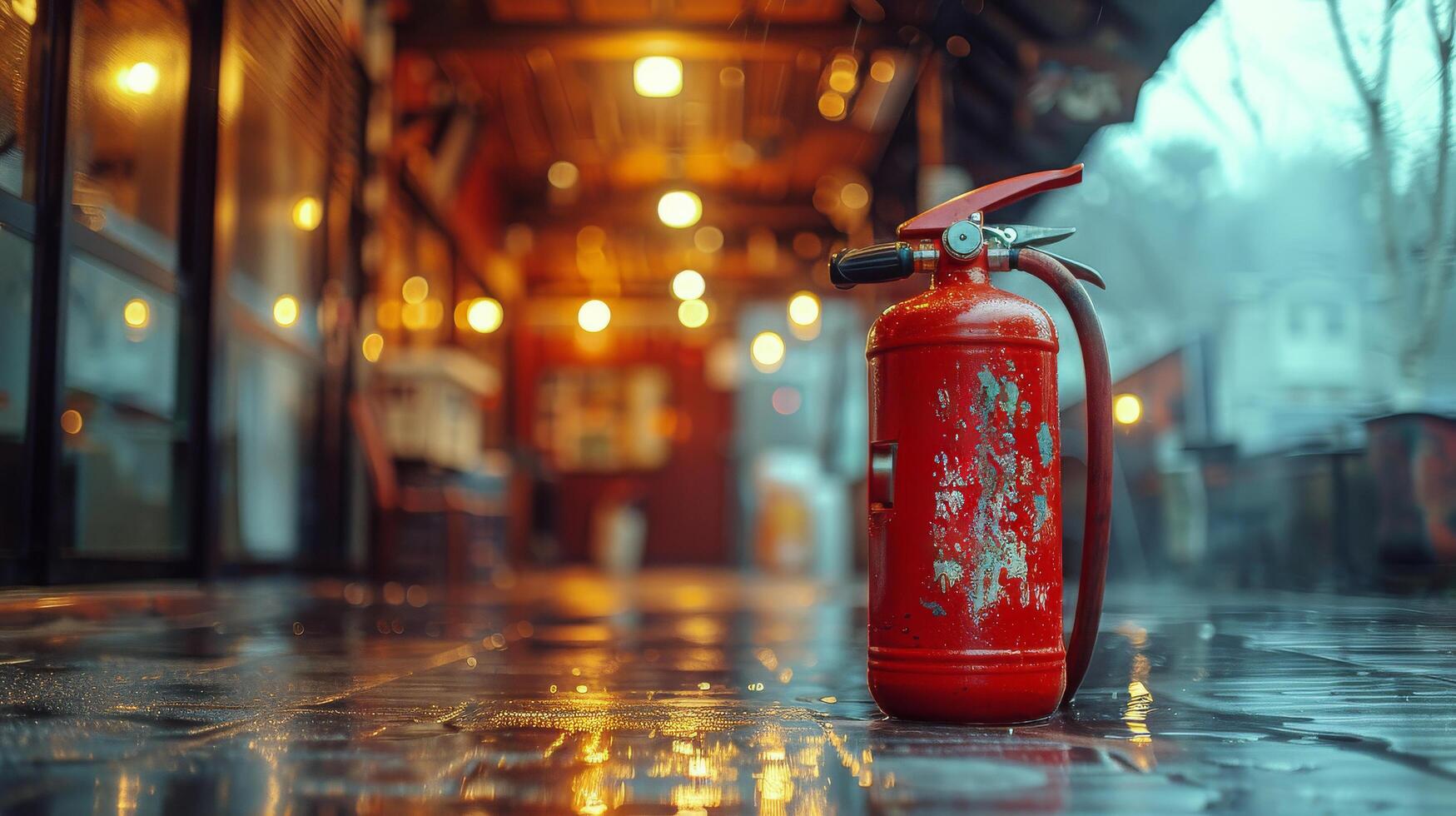 ai generado rojo fuego extintor en mojado piso foto