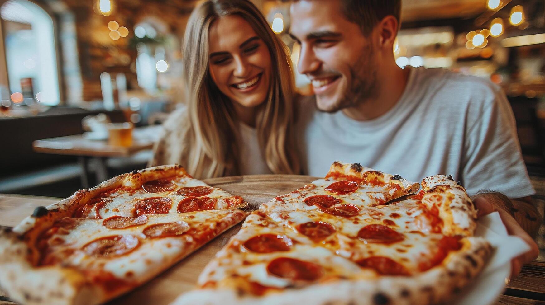 AI generated A Man and a Woman Sitting in Front of a Pizza photo