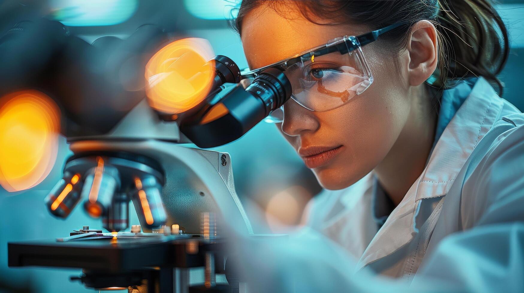 AI generated Young Woman Looking at a Microscope in Laboratory photo