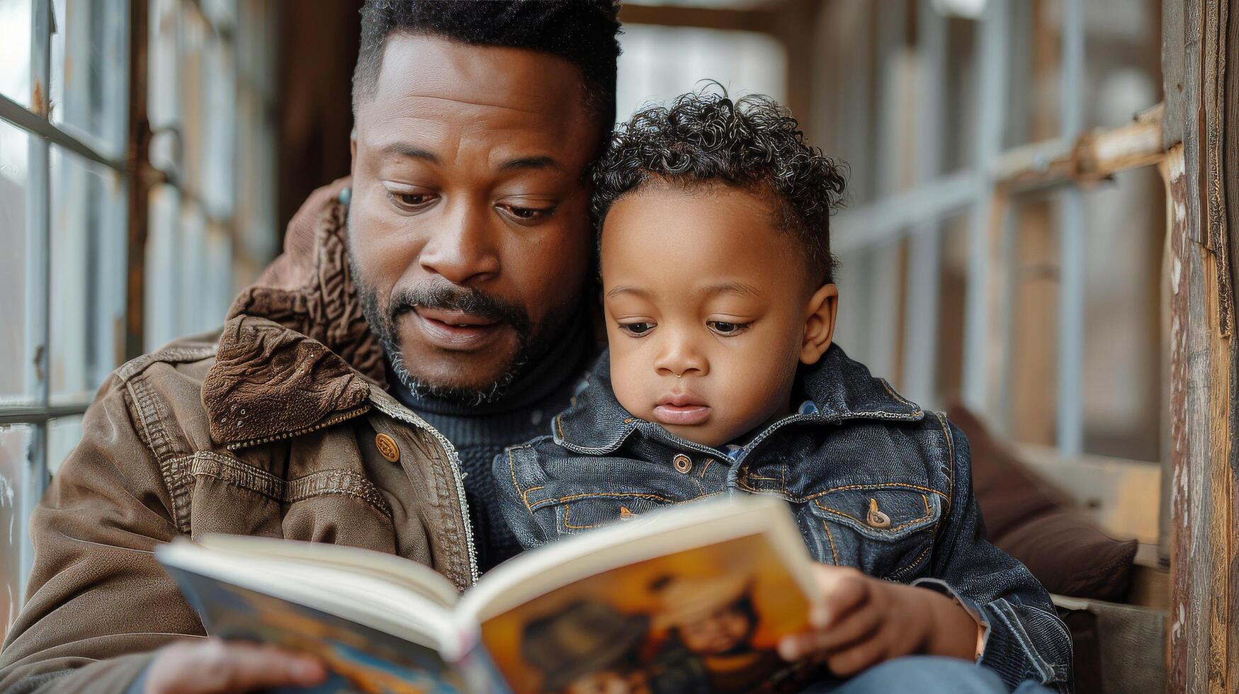 ai generado hombre leyendo un libro a un niño foto