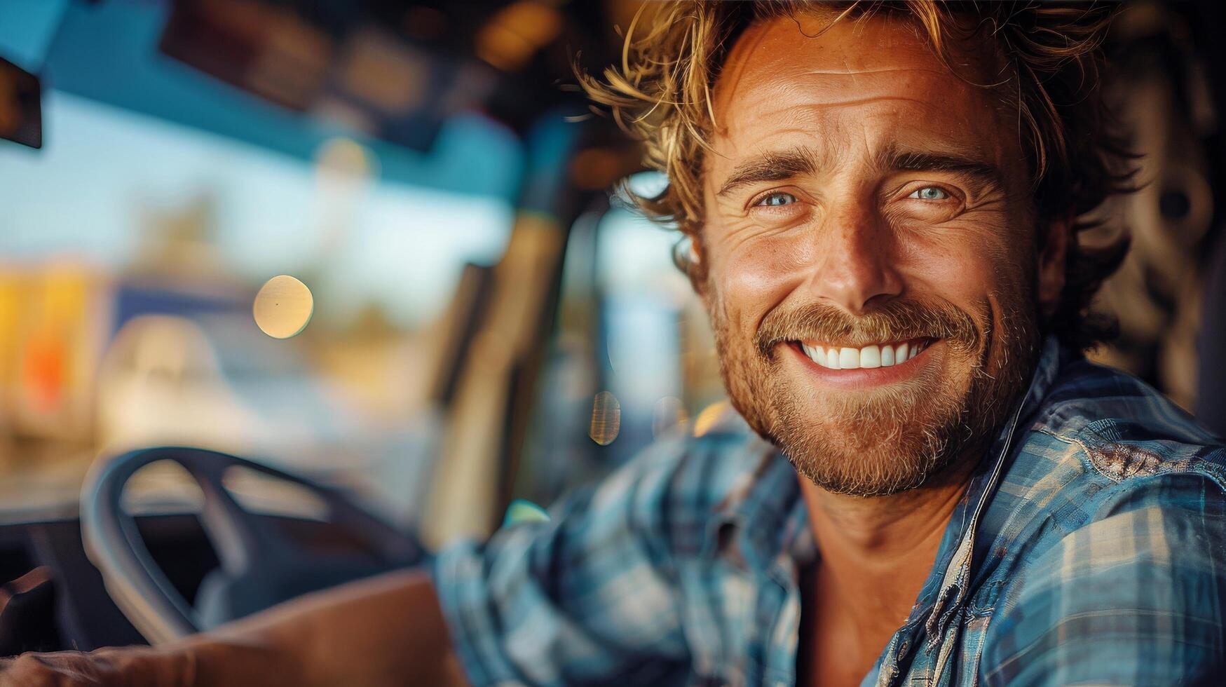 ai generado sonriente hombre conducción camión foto