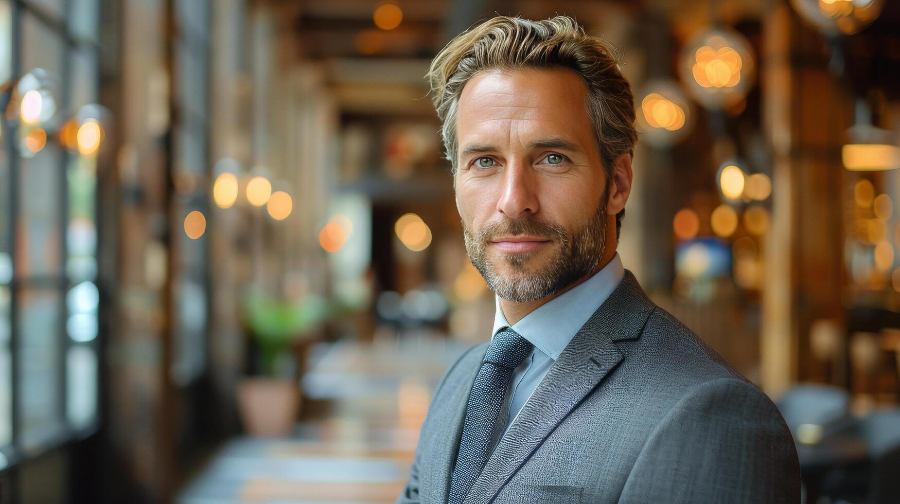 AI generated Man in Suit and Tie Standing in Front of Stairs photo