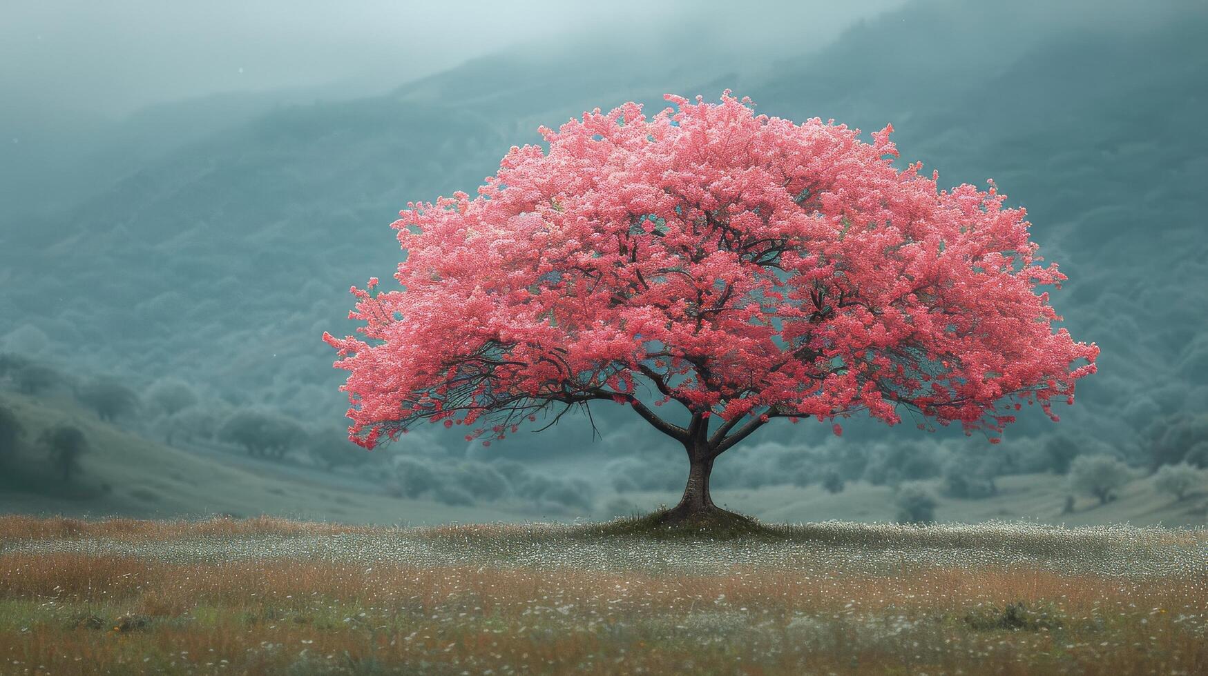 AI generated Pink Tree Standing in Grass Field photo