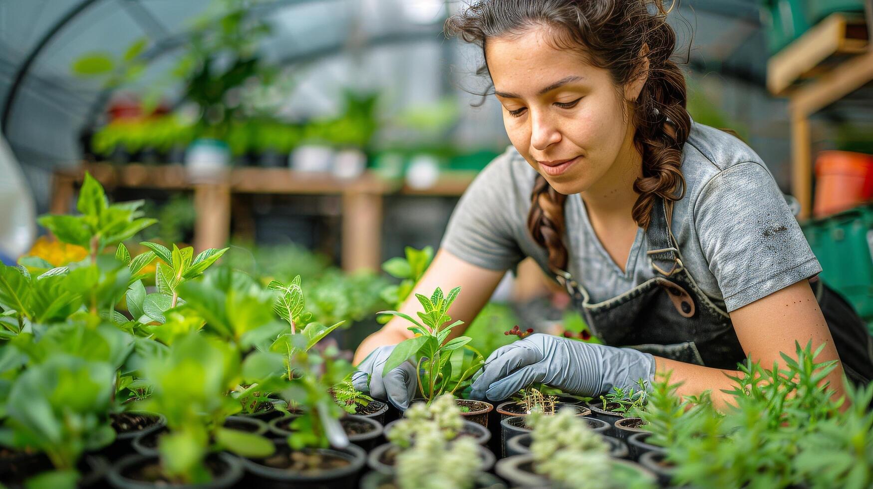 ai generado mujer tendiendo a plantas en invernadero foto