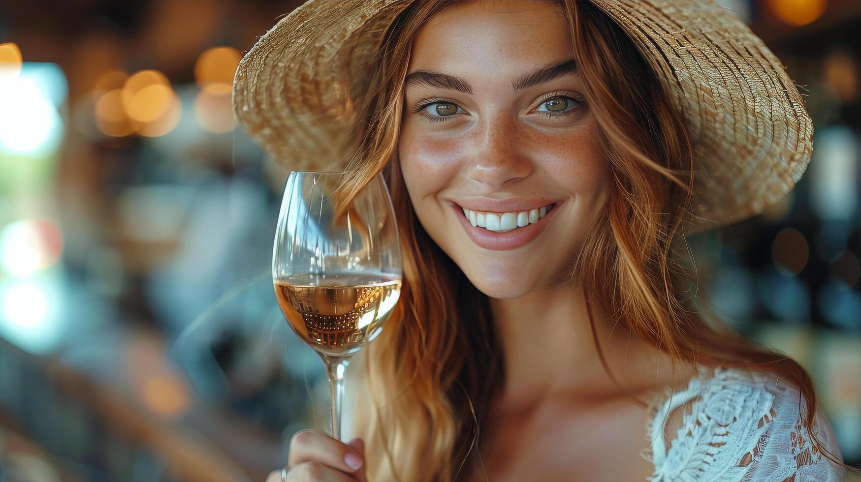 AI generated Woman in Straw Hat Holding Glass of Wine photo