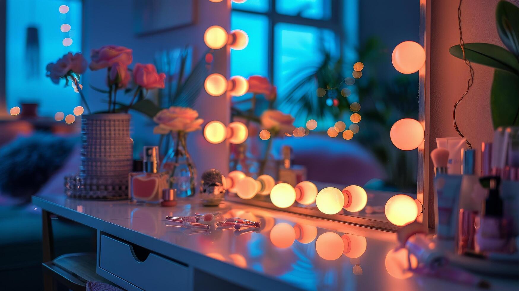 AI generated Vanity With Lighted Mirror and Flowers photo