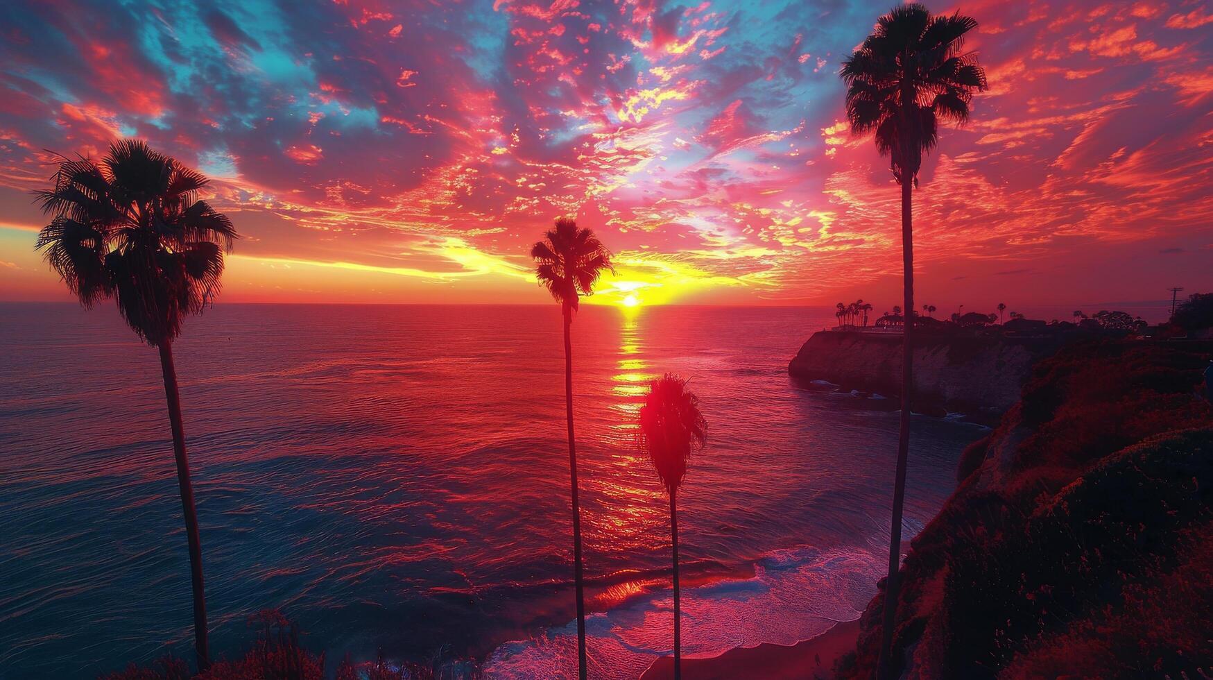 AI generated Majestic Sunset Over Ocean With Palm Trees photo