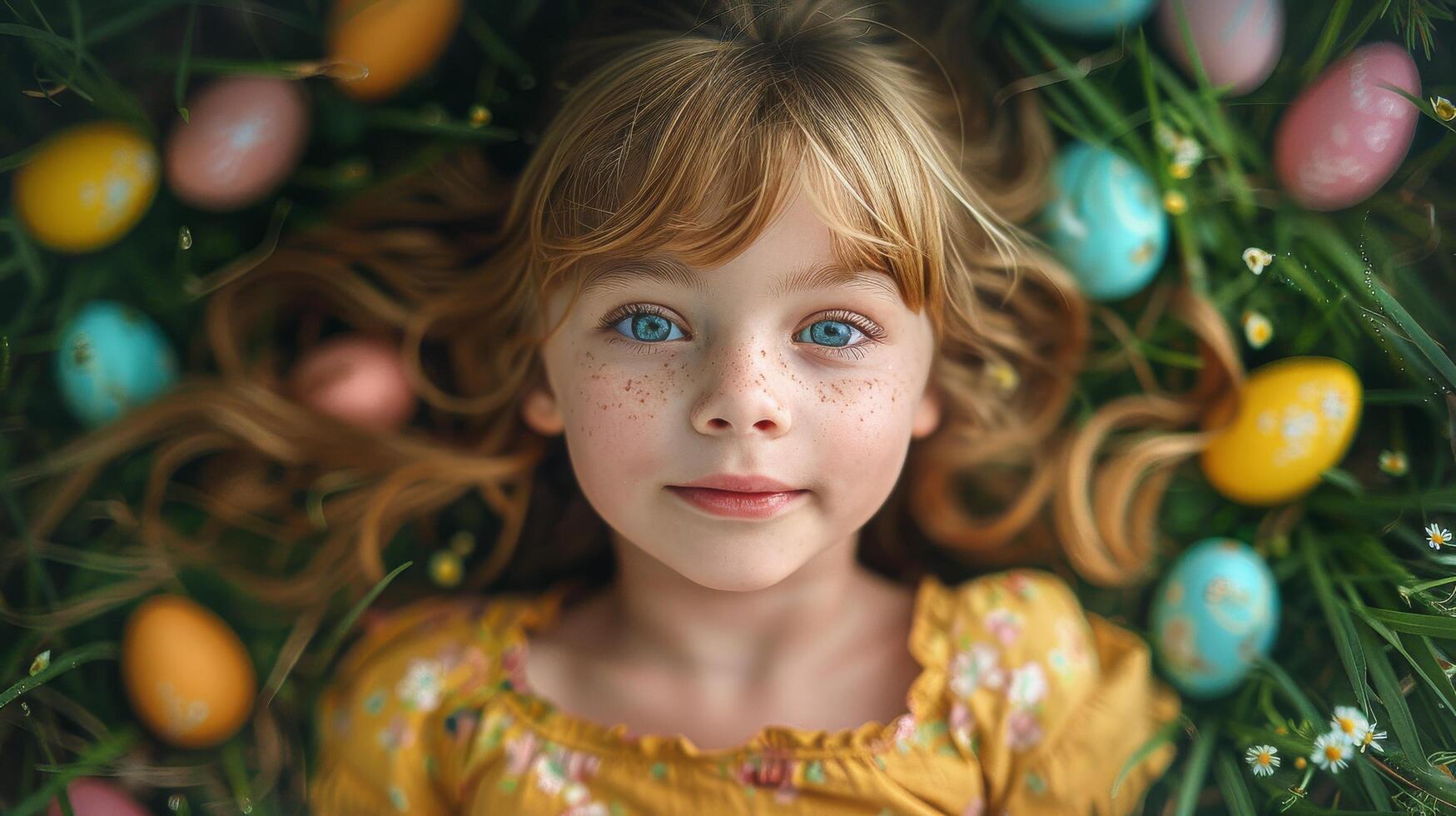 AI generated Little Girl Laying Surrounded by Easter Eggs photo