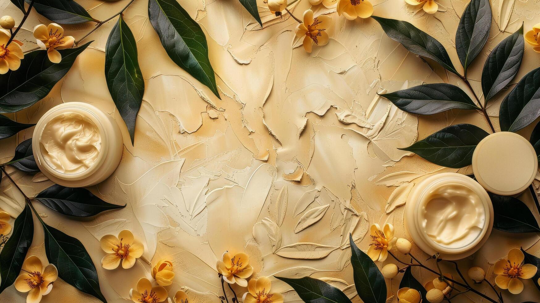 AI generated Close Up of a Cake Decorated With Flowers and Leaves photo