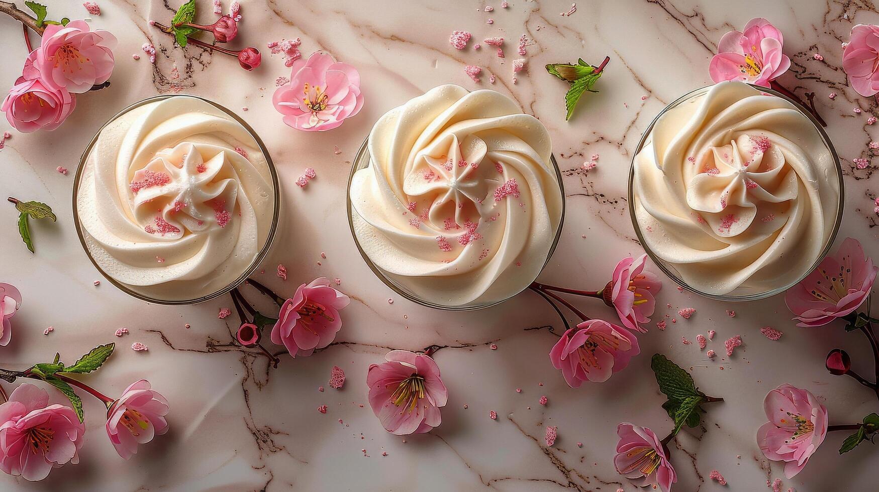 AI generated Three Cupcakes With White Frosting and Pink Flowers photo