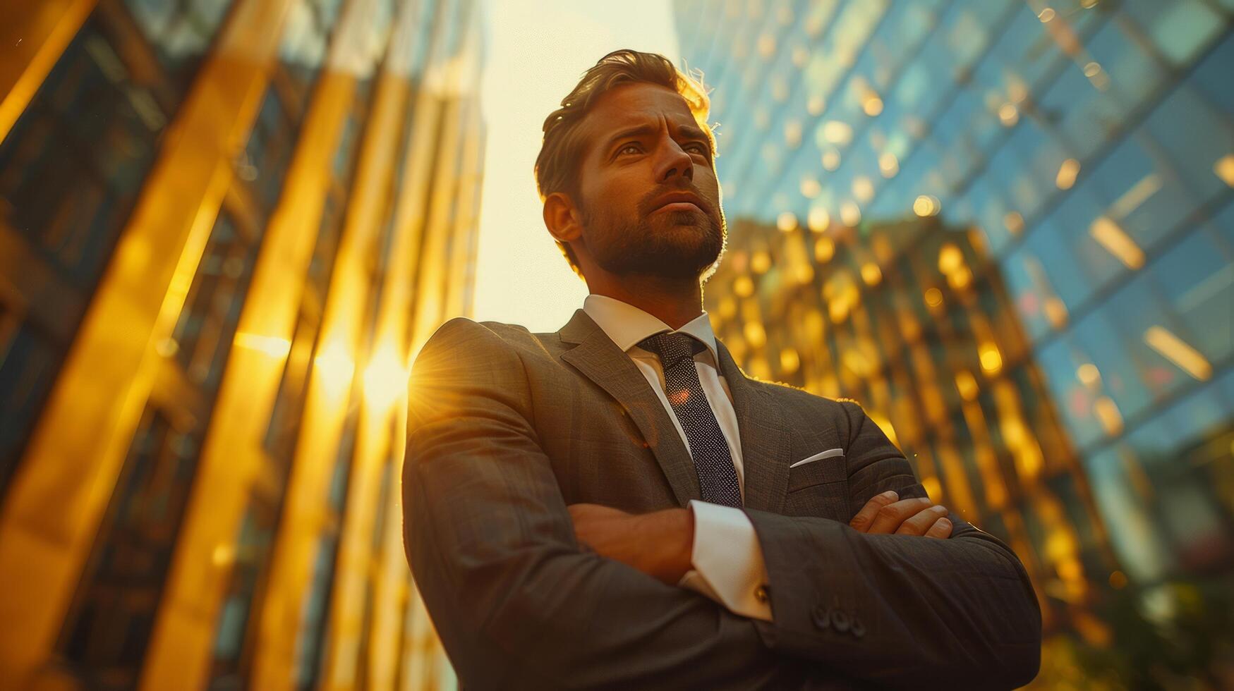 AI generated Man in Suit and Tie Standing in Front of Tall Buildings photo