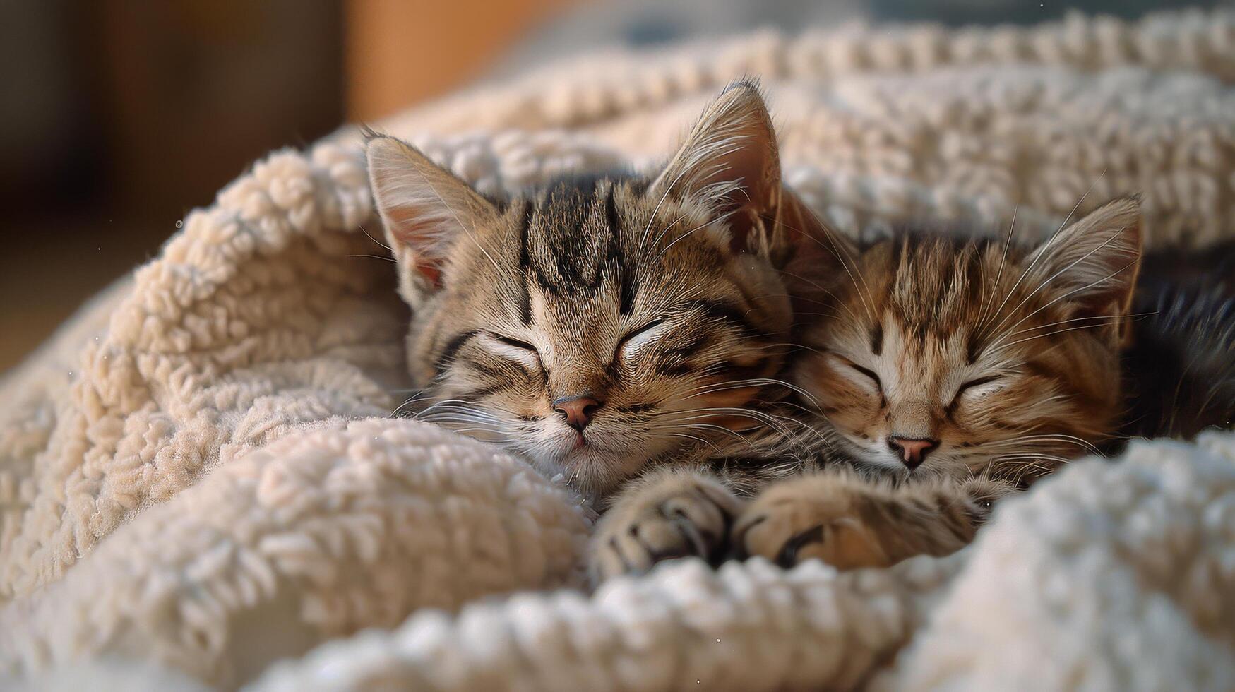 ai generado dos gatitos acurrucarse juntos en un cama foto