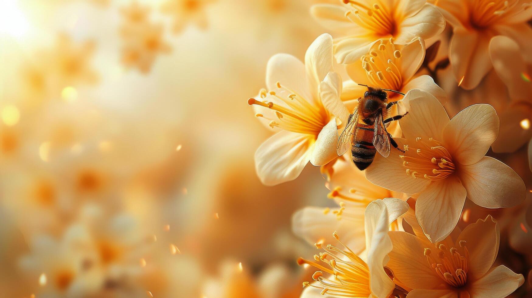 AI generated Bee Feeding on Flower With Blurry Background photo