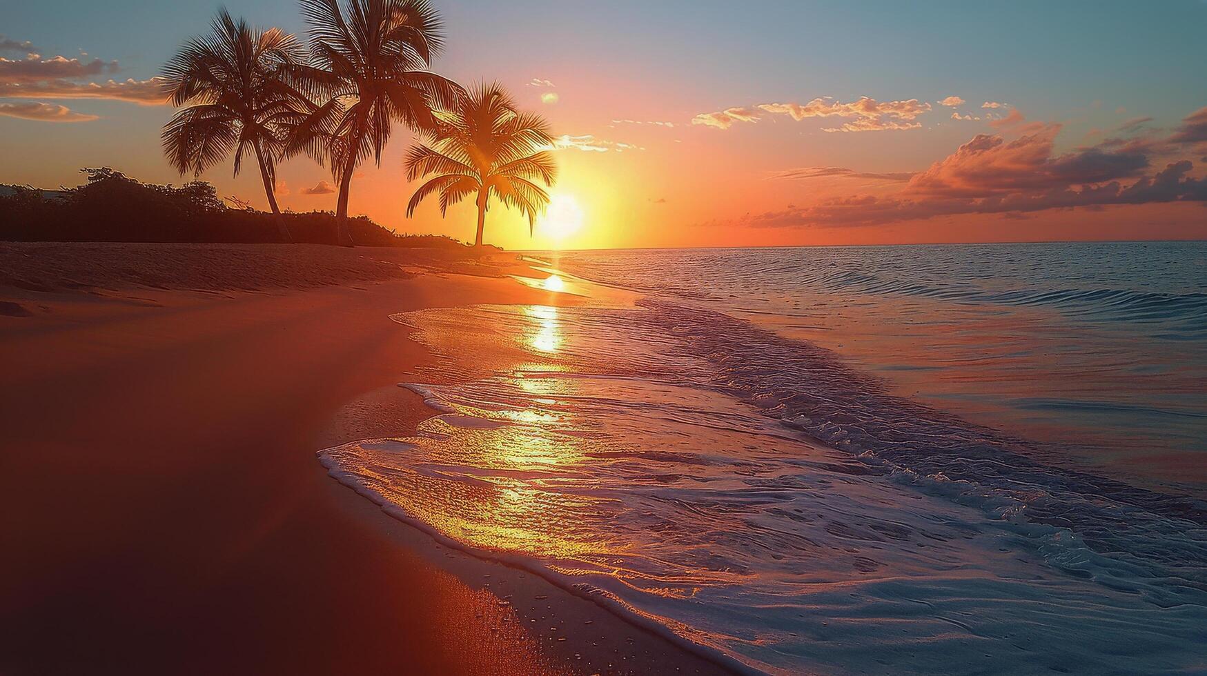 AI generated Beach With Palm Trees and Setting Sun photo