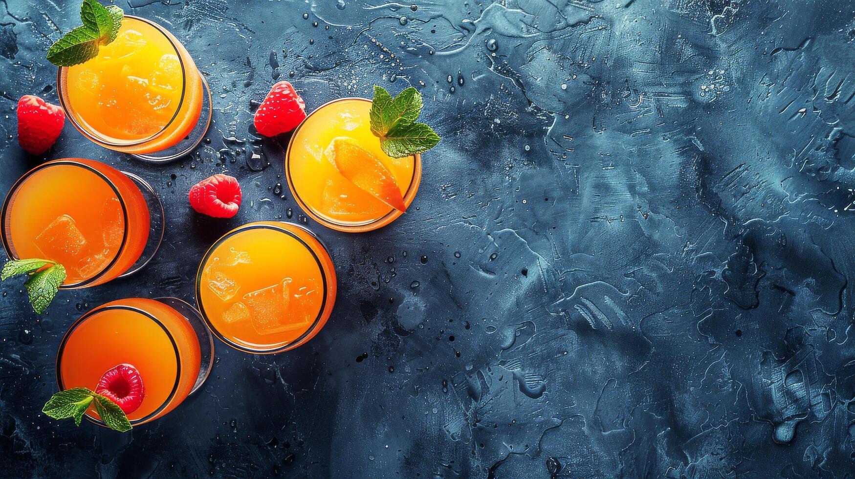 AI generated Four Glasses of Orange Juice With Raspberries and Mint photo