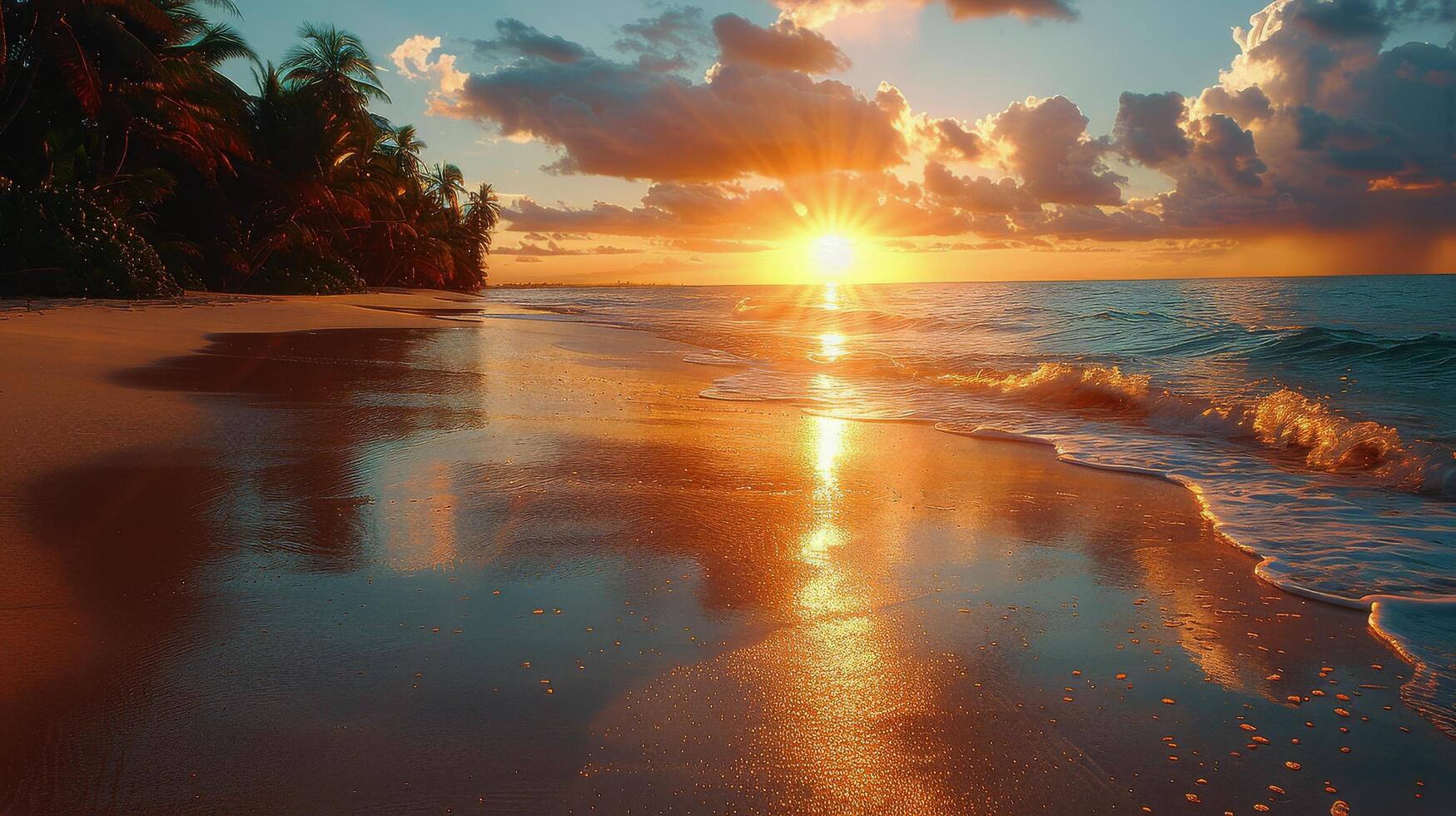 AI generated Beach With Palm Trees and Setting Sun photo