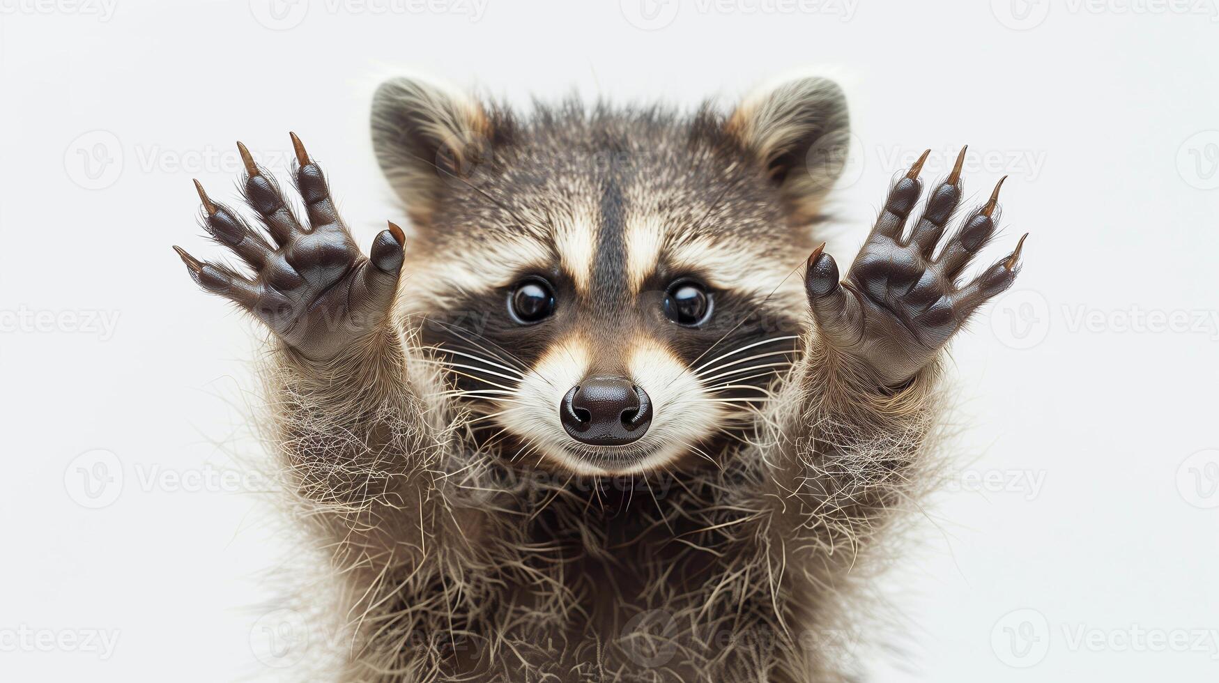 AI generated A whimsical happy raccoon laughing, full body on a white background. Close up of a raccoon facing a white background. Generated by artificial intelligence. photo