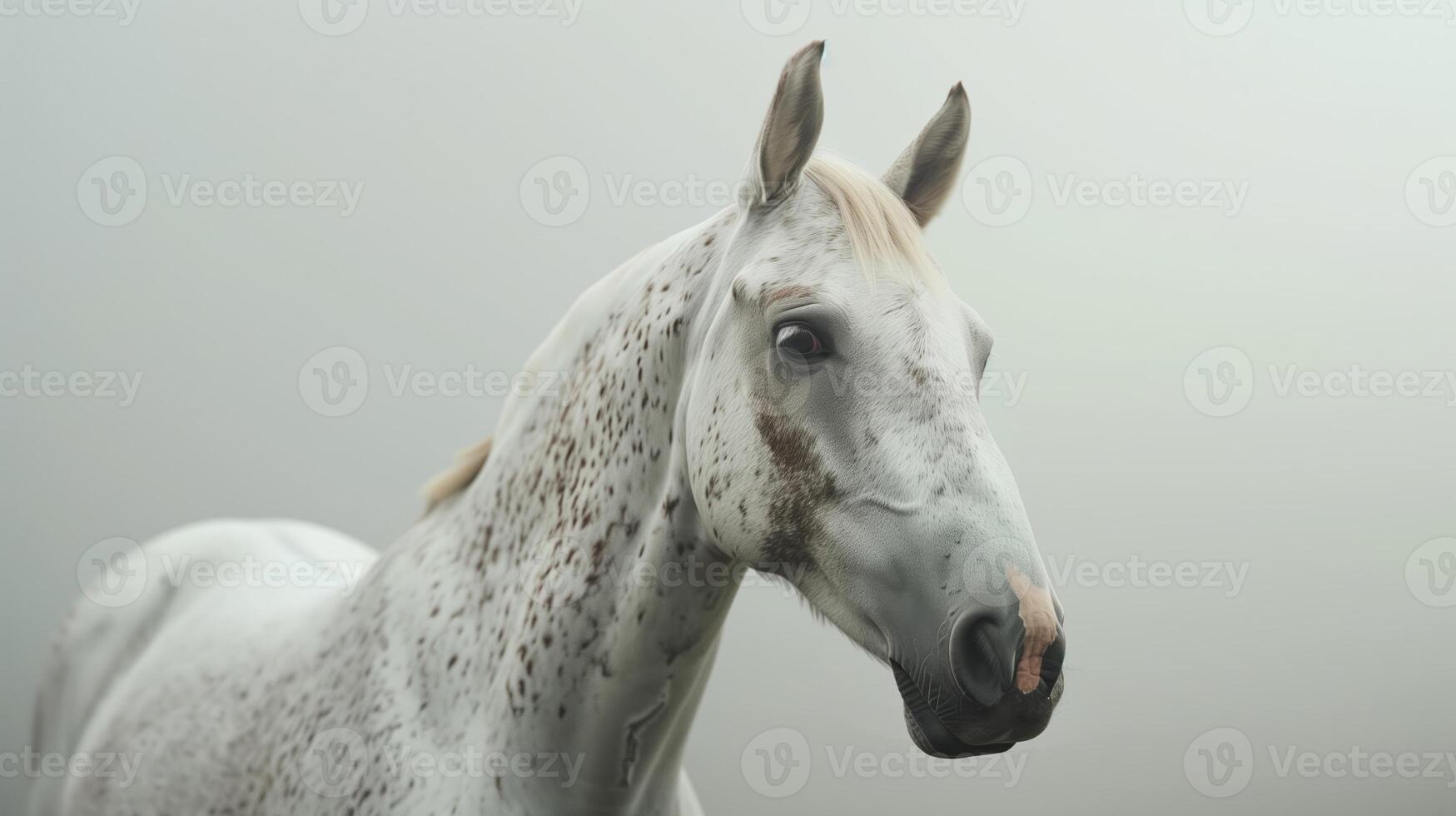 ai generado un retrato de un árabe caballo con un blanco Saco y marrón lugares, mirando a el cámara en un disparo a la cabeza en contra un brumoso gris antecedentes. generado por artificial inteligencia. foto