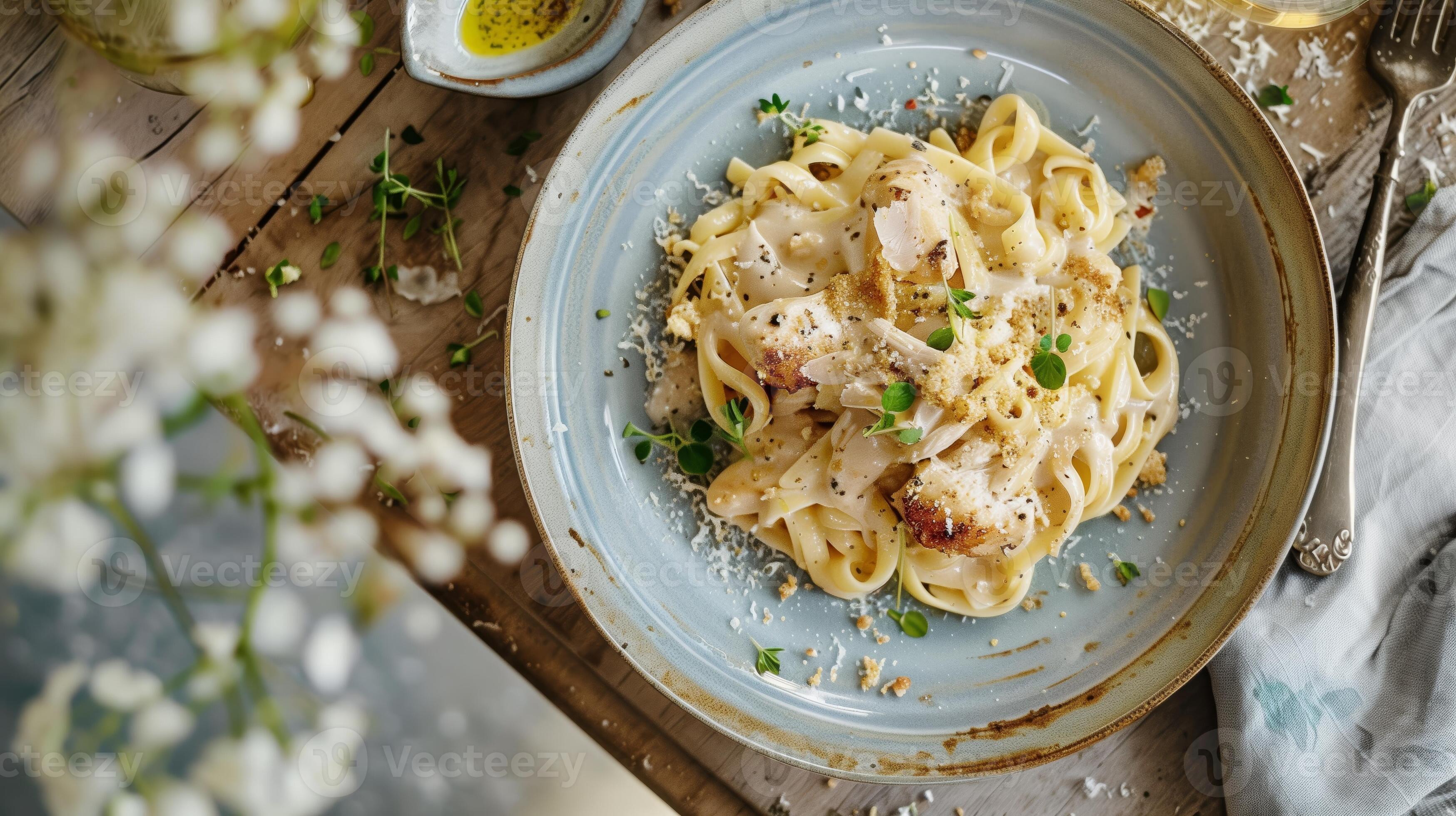 AI generated Food photography of pasta on the blue plate Top view AI generated Food photography of pasta on the blue plate Top view
