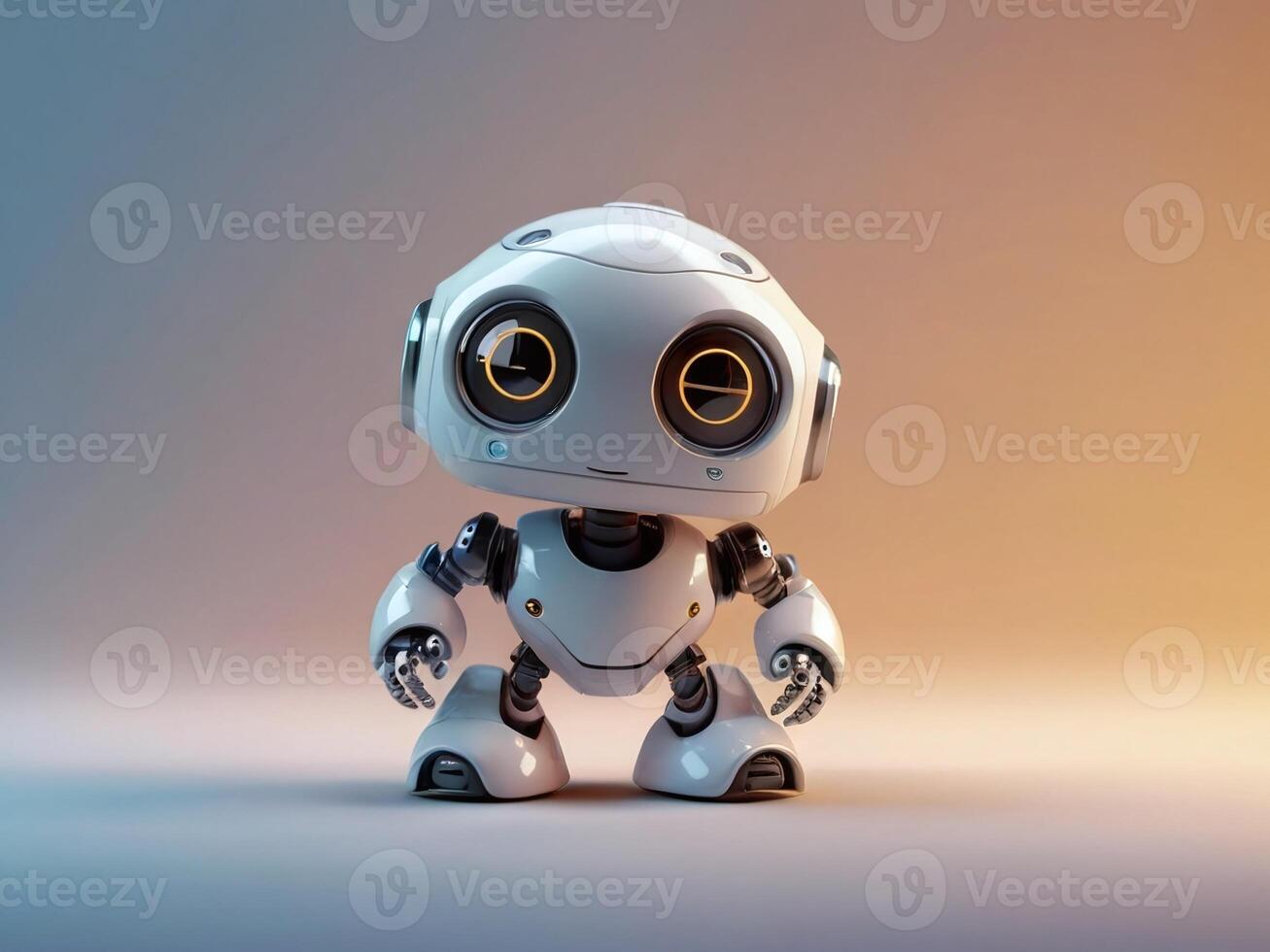 AI generated Cute small futuristic robot assistant isolated on bright background with copy space area photo