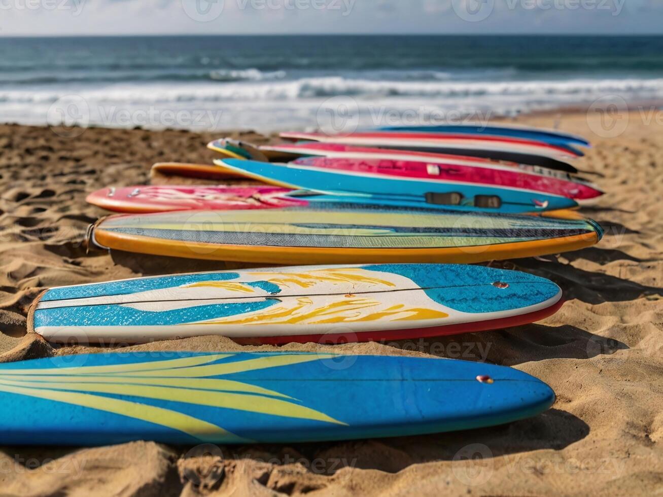 AI generated Close up image of a row of surfing boards with the background of beach and sea waves photo