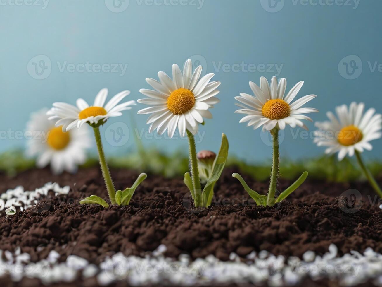 AI generated daisy flower plants growing on a soil with light blue background photo