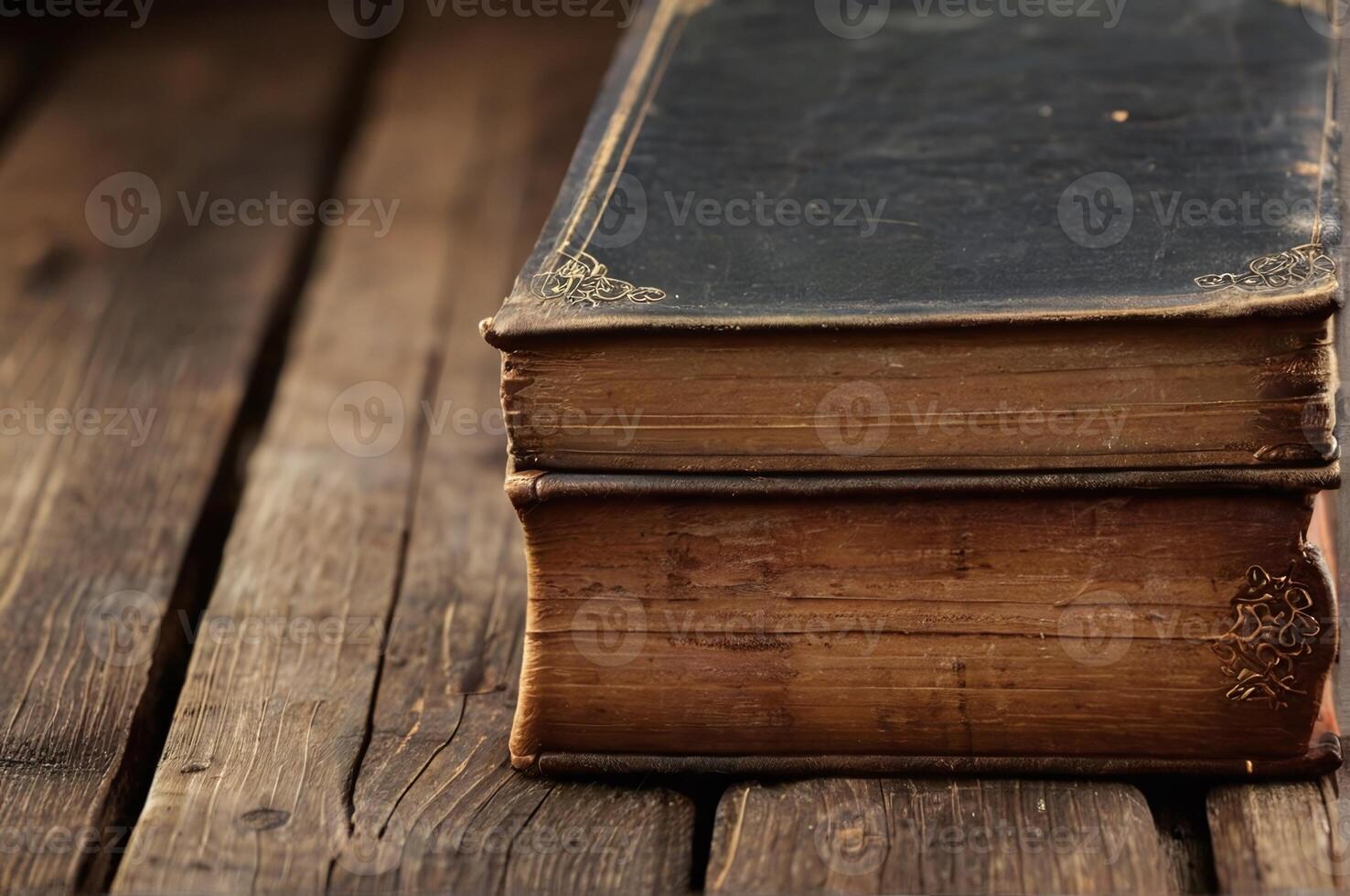AI generated Close up image of old book cover on a wooden background with copy space photo