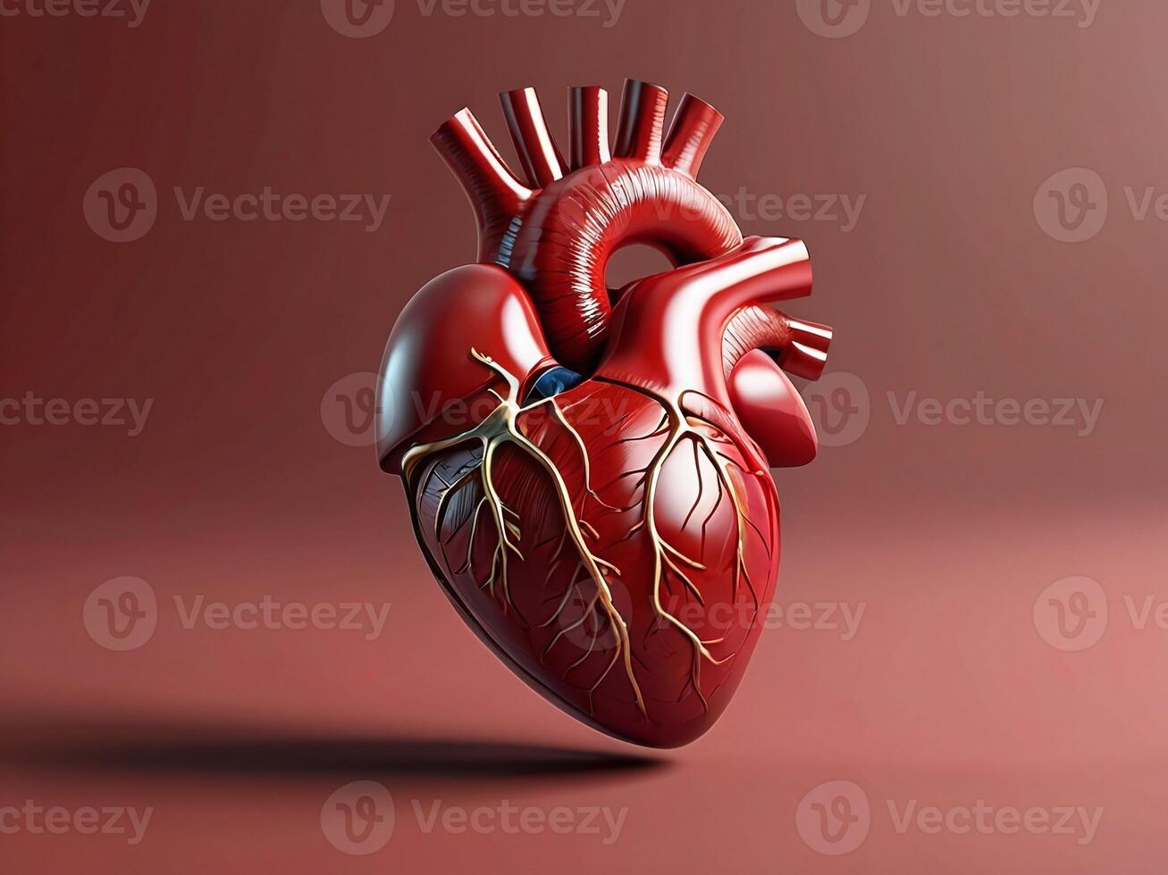 ai generado humano corazón anatomía aislado en ligero rojo fondo, 3d ilustración foto