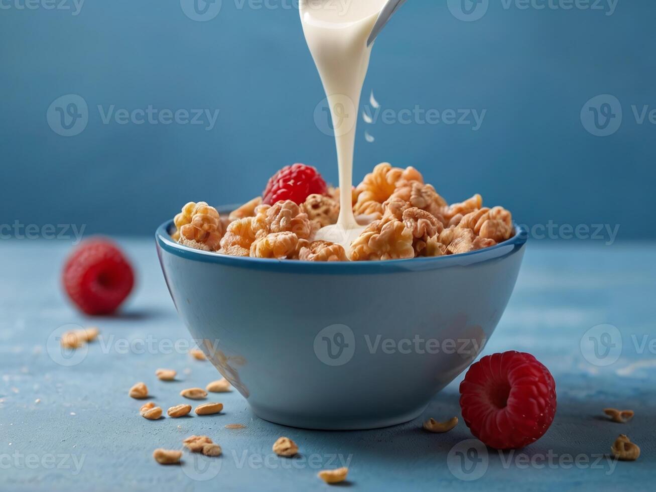 AI generated breakfast meal with splash of milk on a cereal in the blue bowl on light color background photo