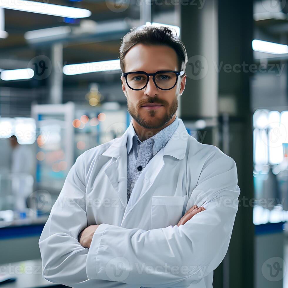 ai generado retrato de científico vistiendo laboratorio Saco haciendo biotecnología investigación foto