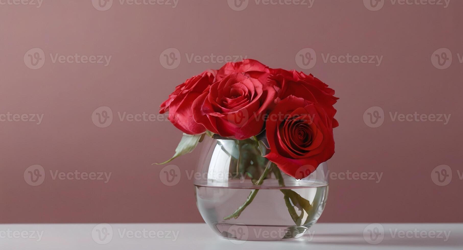 AI generated rose flower in a transparent glass vase on white table in front of light red background photo