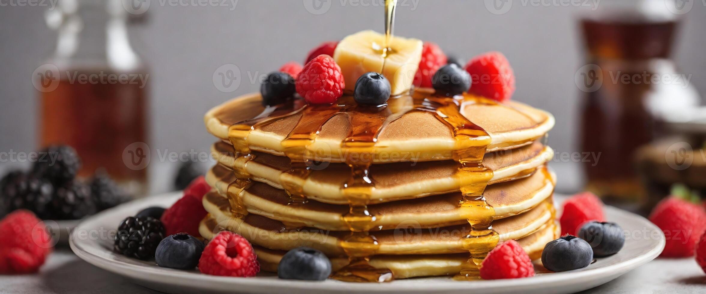 AI generated stack of pancakes with maple syrup and fruit toppings served on white plate photo