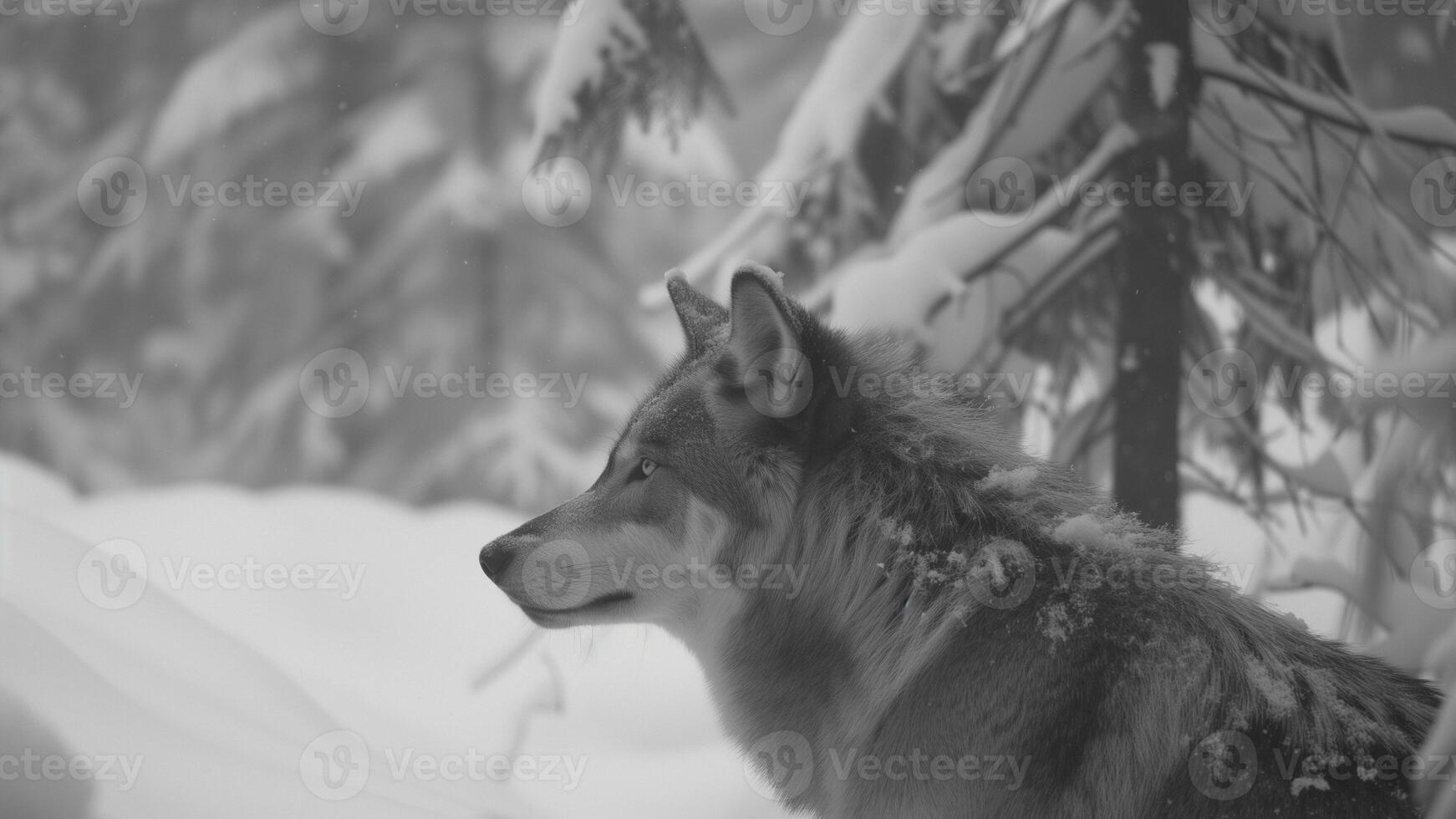 ai generado un negro y blanco foto de un lobo en el nieve