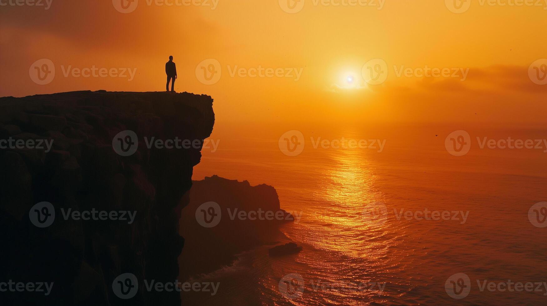 AI generated a man standing on the edge of a cliff at sunset photo