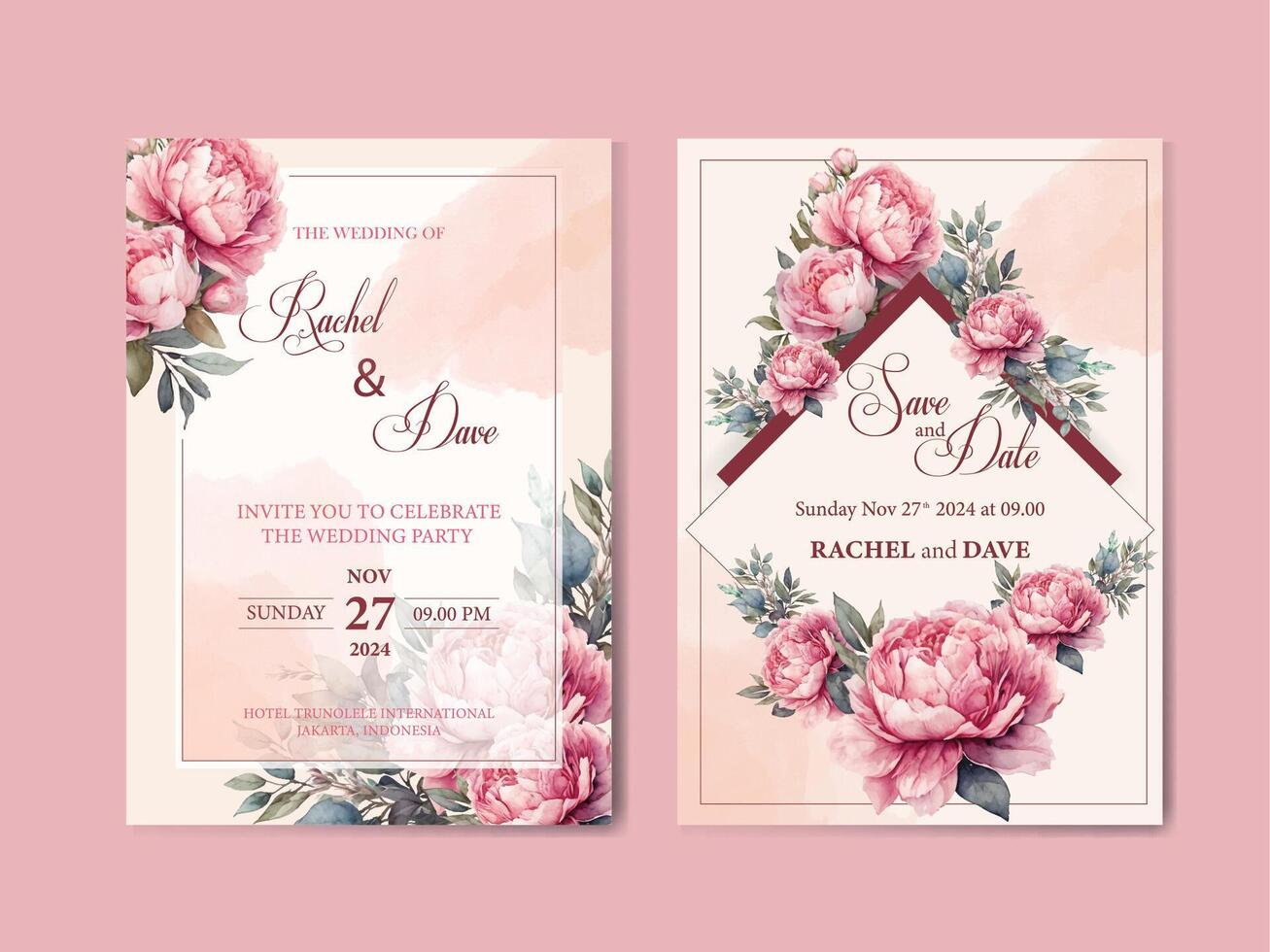 wedding invitation card template with pink peonies vector