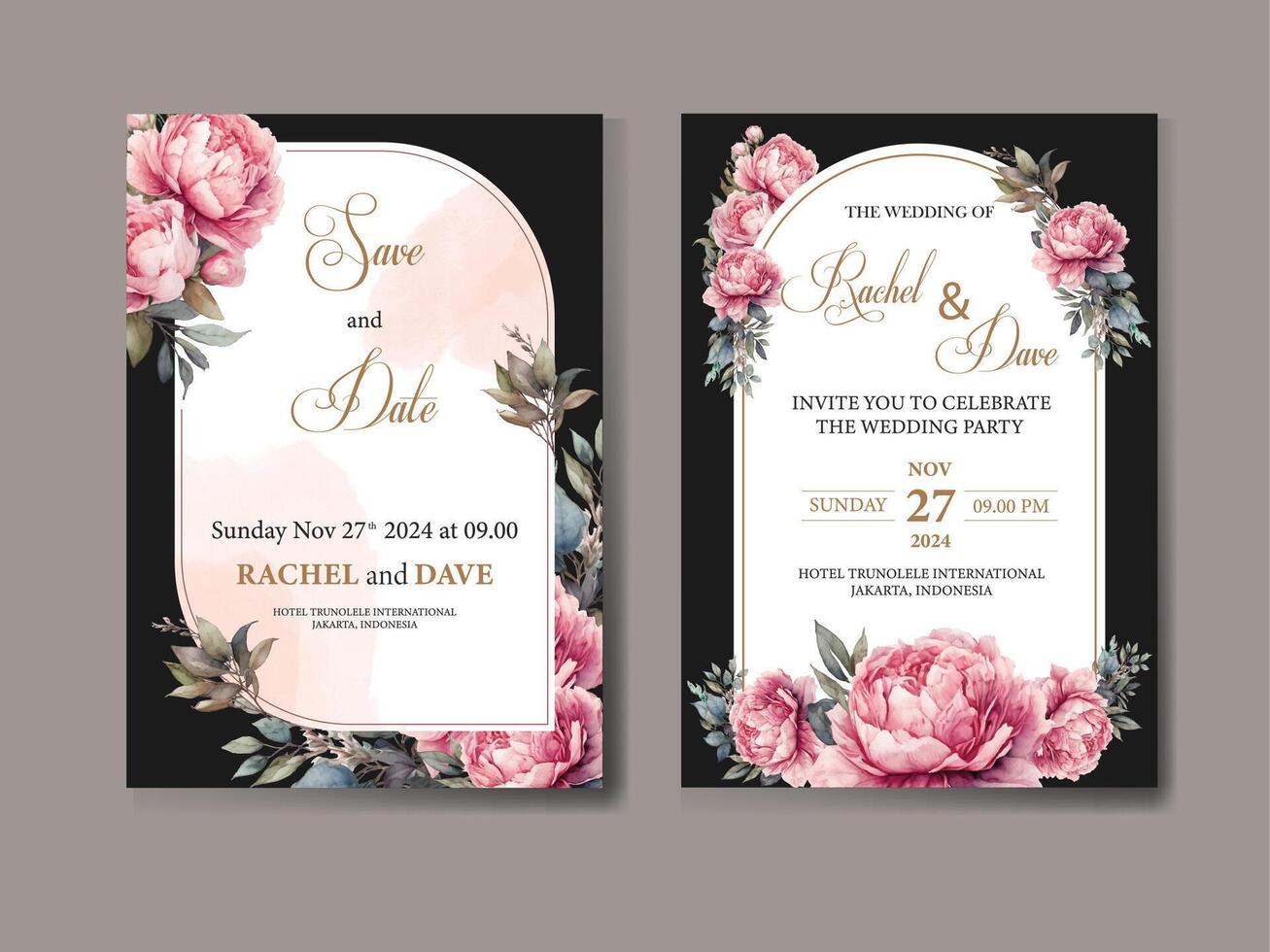 wedding invitation card template with pink peonies vector