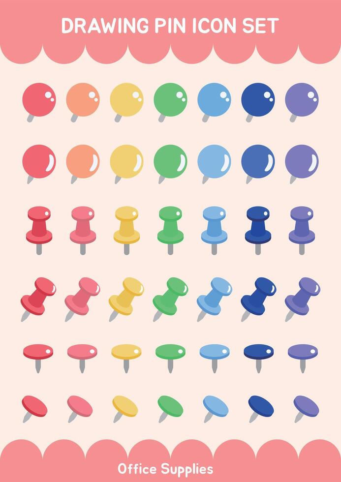 Office Supplies Various Shape Rainbow Color Drawing Icon Pin Set vector