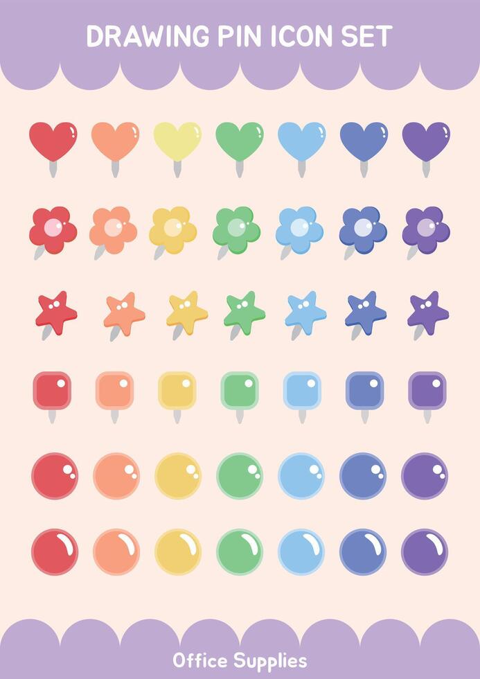 Office Supplies Various Shape Rainbow Color Drawing Icon Pin Set vector