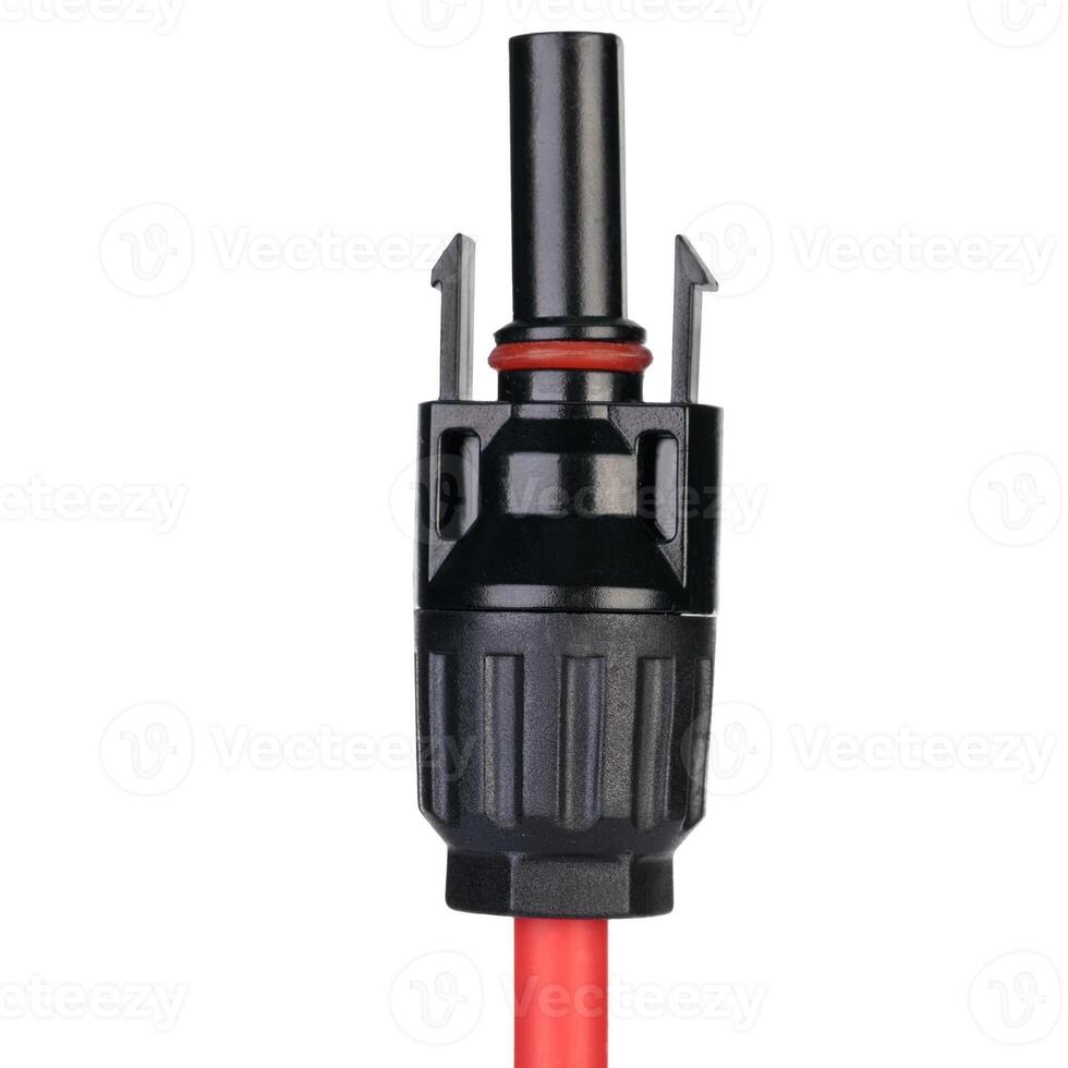 Waterproof Connector on Red Cable Isolated. Solar Panel MC4 Connector Detail. Male plug photo