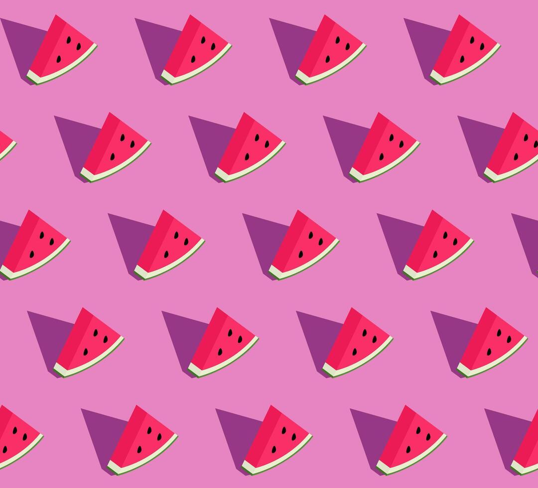 Seamless pattern with 3d slice of watermelon on pink background. Vector texture with volumetric pieces of fruit for wallpaper. Summer illustration