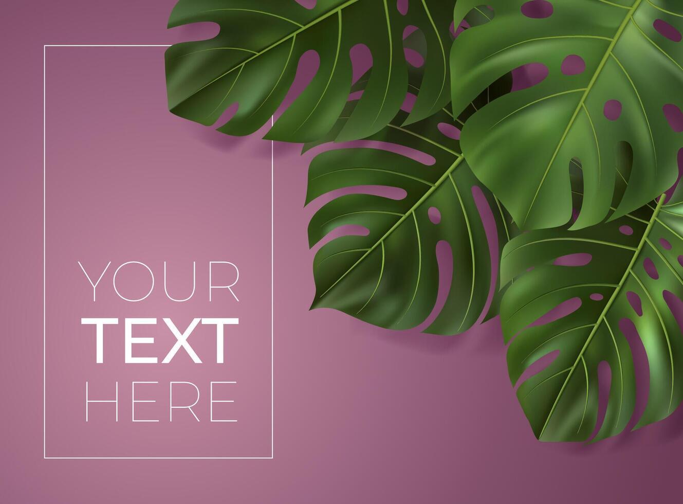 Vector poster with realistic green tropical leaves. Monstera leaf on pink background. Botanical illustration with copy space for your text. Template for banner, invitation card, ad, web design.