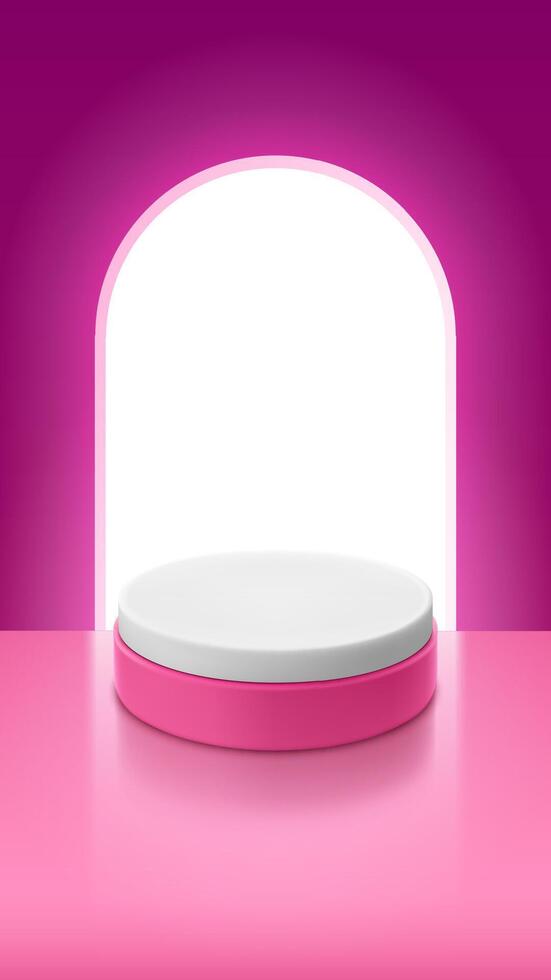 cilíndrico plataforma para producto o producto presentación en contra un rosado pared con un en forma de arco ventana. vector realista bandera modelo. vertical minimalista 3d ilustración.