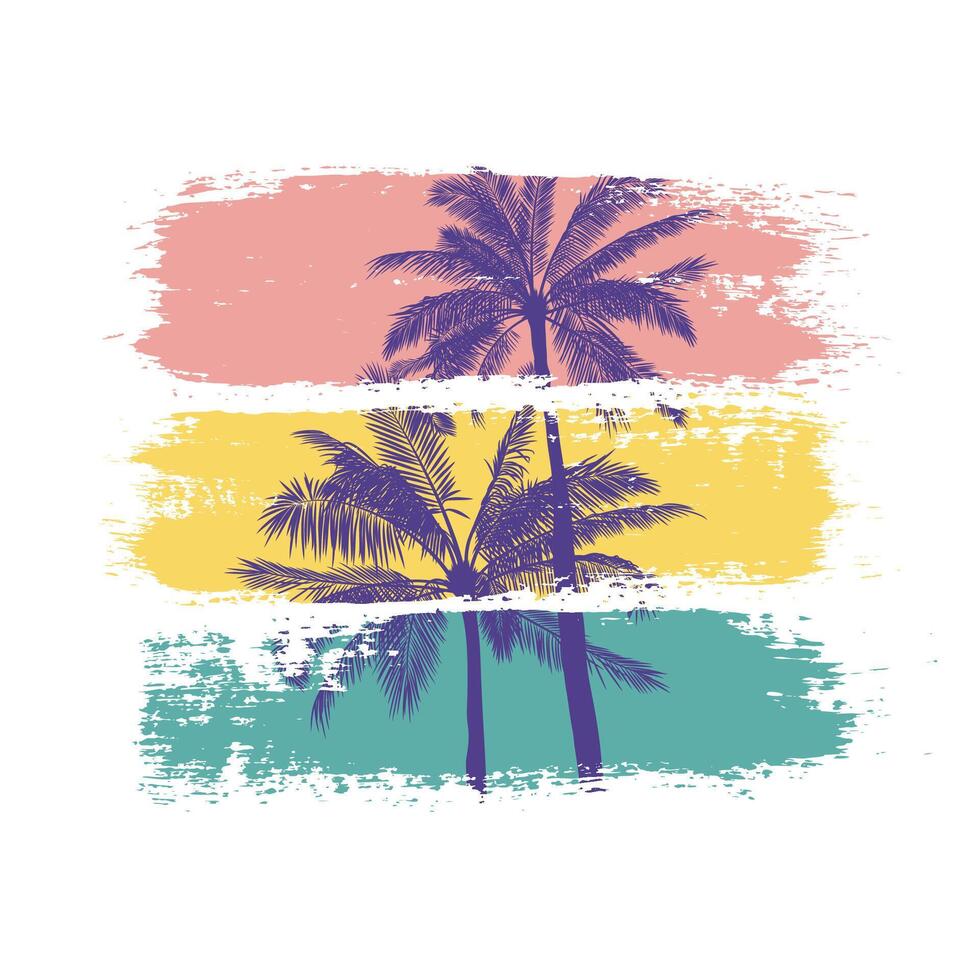 Summer vector illustration of palm trees silhouettes with colorful brush strokes. Isolated template for print and design in a tropical style. Botanical poster