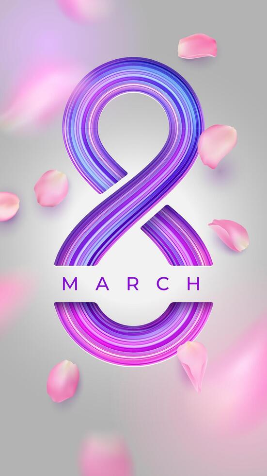 Happy International Womens Day. Colorful 8 march banner template with realistic rose petals. Vector illustration in craft style with paper cut for greeting card. Concept of feminism, gender equality.