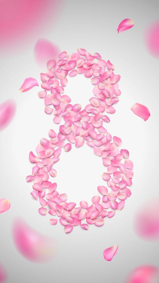 8 March greeting card vector template. Happy International Women's Day. Number eight from realistic rose petals on light background. Illustration with flying petal. Concept of feminism.