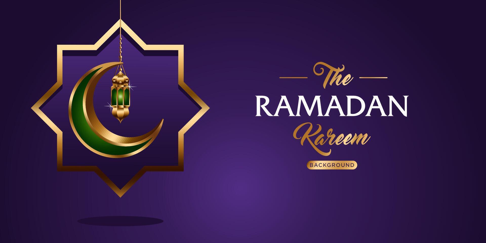 purple and golden ramadan kareem greeting card vector. 3d vector modern Islamic holiday banner, Ramadan Kareem means Ramadan the Generous Month. hanging lantern and crescent moon decor illustration